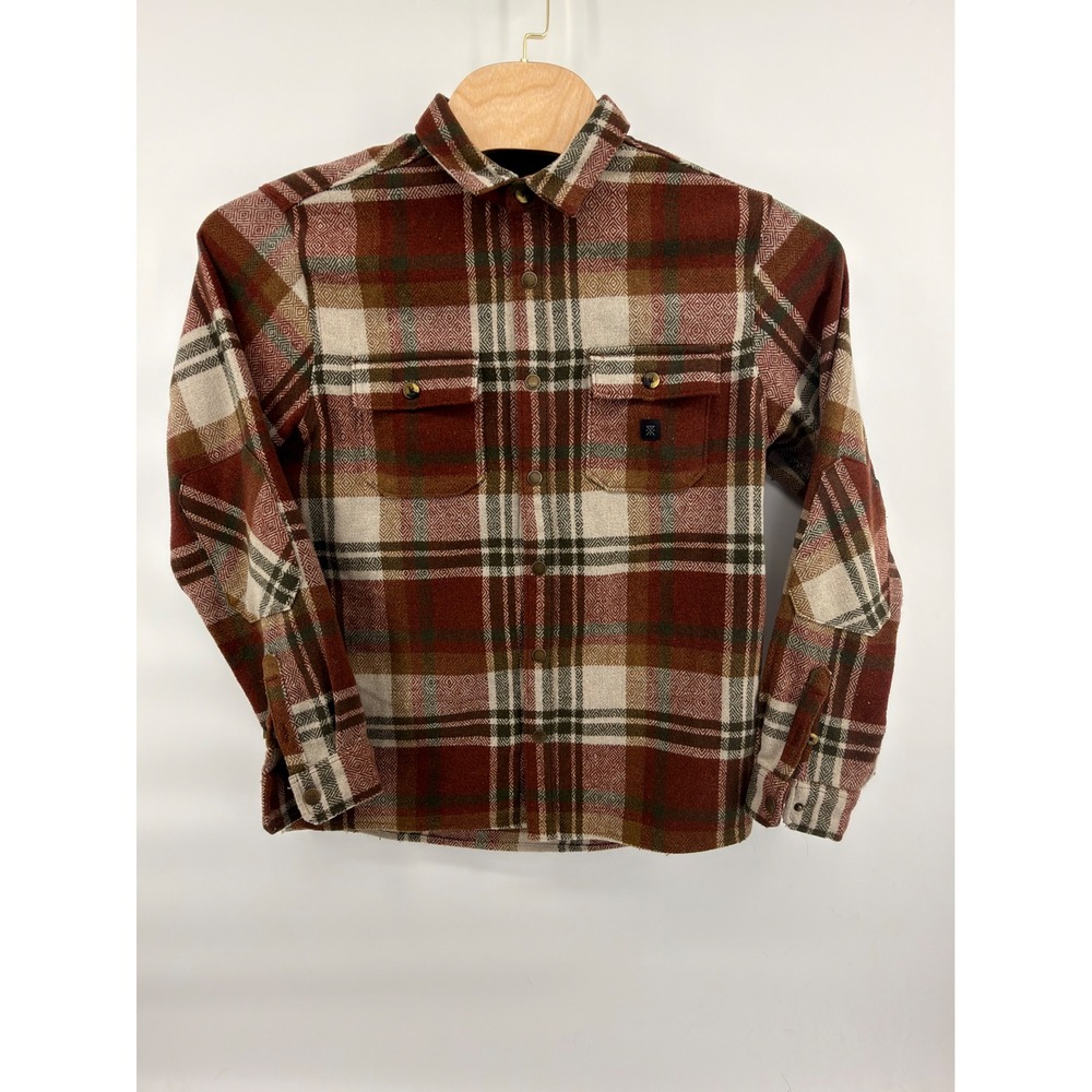 Roark Revival Nordsman Mens M Wool Blend Flannel Shirt Brown Plaid Snap Gorpcore